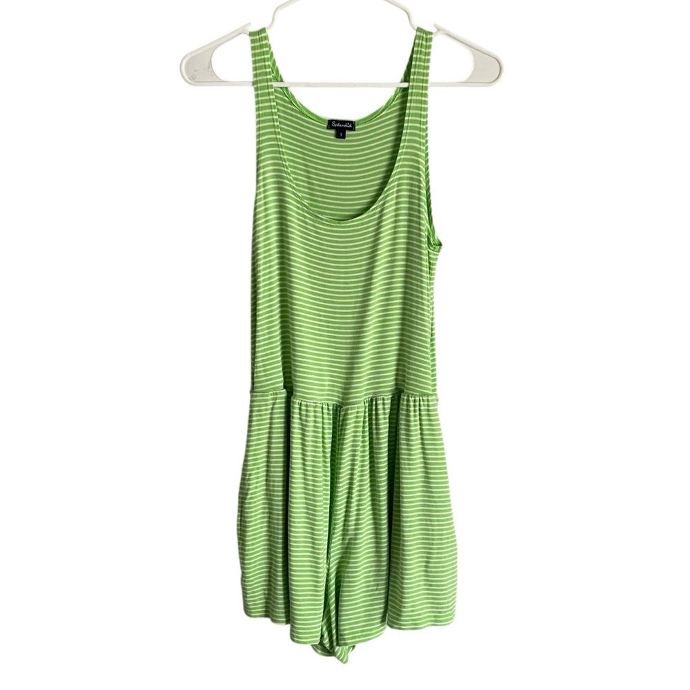 Splendid Striped Knit Romper Lime Green White Pockets Sz Small Scoop Neck